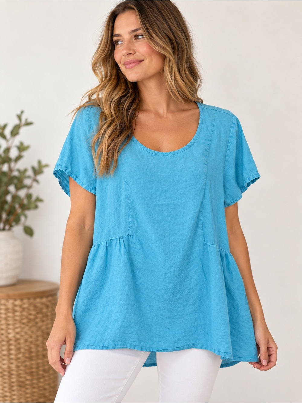 Flax Short Sleeve Oversized Linen Breathable Lagenlook Top Womens L Turquoise